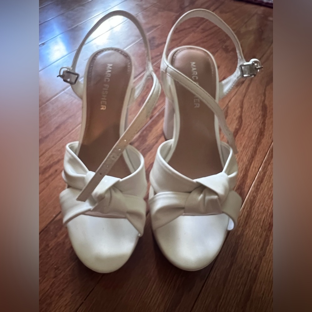 Marc Fisher White Satin Heels Strappy Design